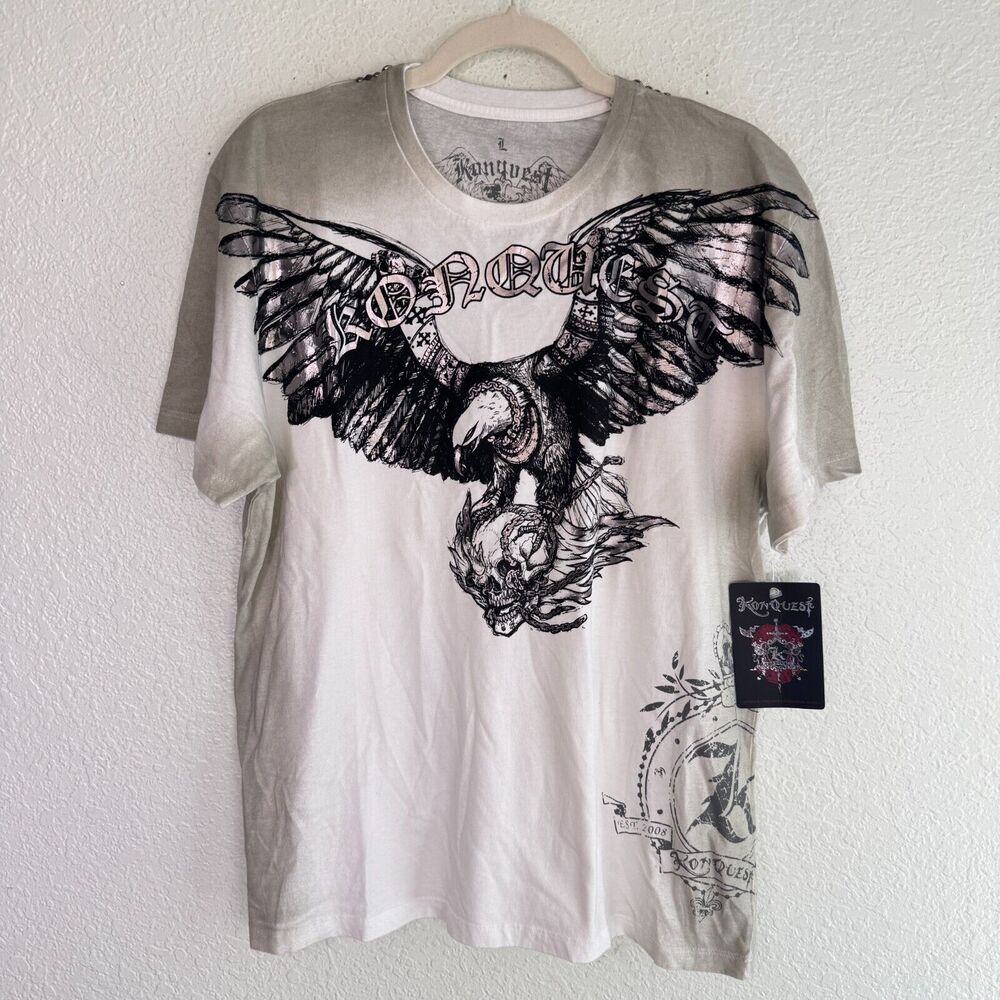 Konquest Shirt Mens Large Eagle Skull Metallic Tee Tshirt Y2K Grunge Goth NEW